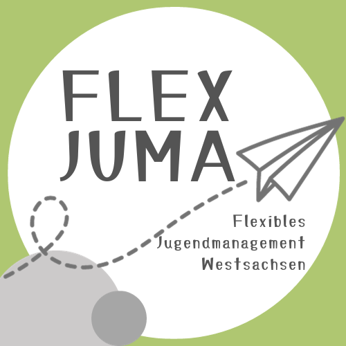 Logo 'FLEXJUMA' mit einem Papierflieger, darunter der Text 'Flexibles Jugendmanagement Westsachsen'